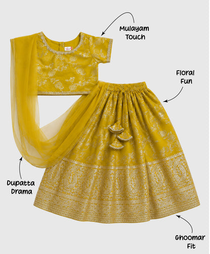 The Magic Wand Jacquard Woven Half Sleeve Floral Printed Laced Lehenga Choli With Dupatta Set - Yellow