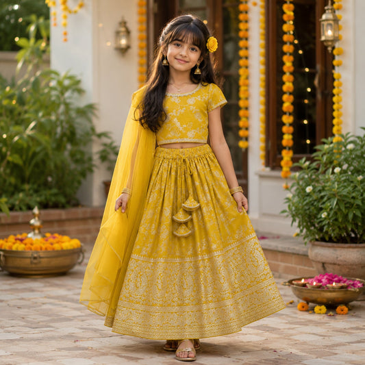 The Magic Wand Jacquard Woven Half Sleeve Floral Printed Laced Lehenga Choli With Dupatta Set - Yellow
