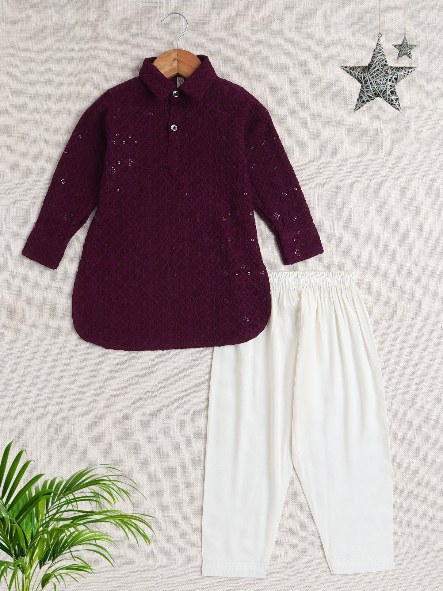 Rayon Full Sleeves Ethnic Embroidered Sequins Embellished Pathani Kurta & Pyjama Set - Wine