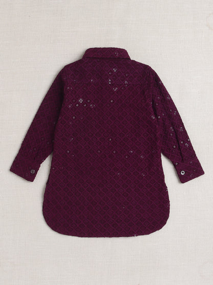 Rayon Full Sleeves Ethnic Embroidered Sequins Embellished Pathani Kurta & Pyjama Set - Wine