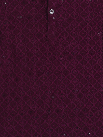 Rayon Full Sleeves Ethnic Embroidered Sequins Embellished Pathani Kurta & Pyjama Set - Wine