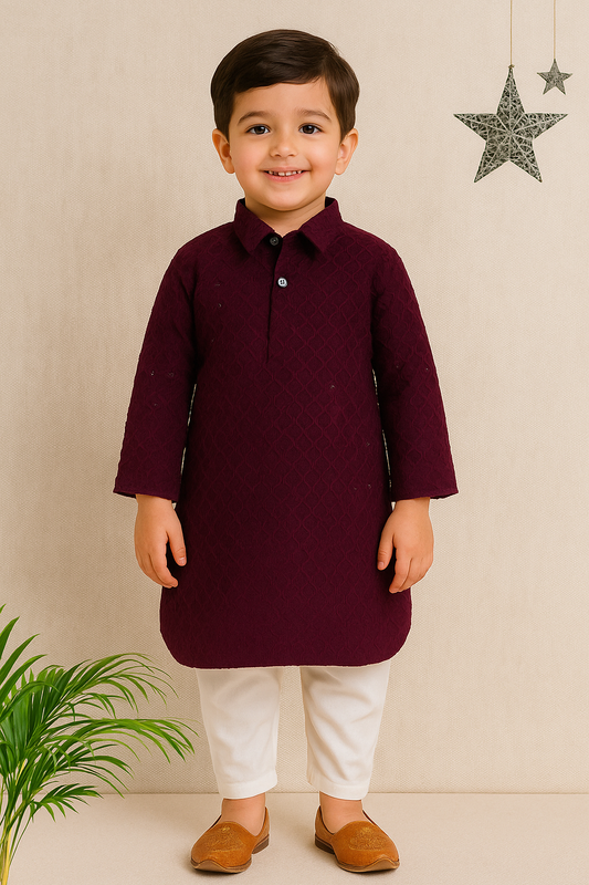 Rayon Full Sleeves Ethnic Embroidered Sequins Embellished Pathani Kurta & Pyjama Set - Wine