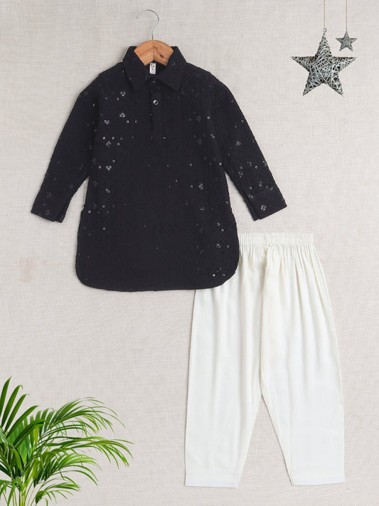 Rayon Full Sleeves Ethnic Embroidered Sequins Embellished Pathani Kurta & Pyjama Set - Black