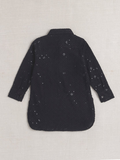 Rayon Full Sleeves Ethnic Embroidered Sequins Embellished Pathani Kurta & Pyjama Set - Black