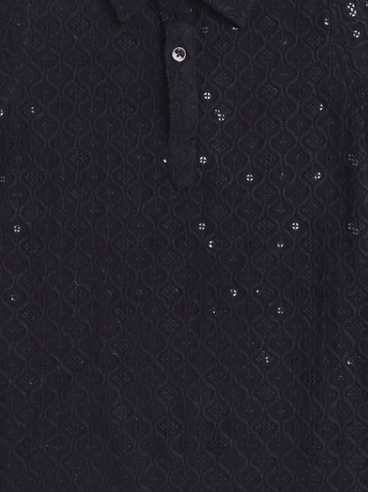 Rayon Full Sleeves Ethnic Embroidered Sequins Embellished Pathani Kurta & Pyjama Set - Black