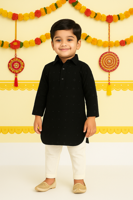 Rayon Full Sleeves Ethnic Embroidered Sequins Embellished Pathani Kurta & Pyjama Set - Black