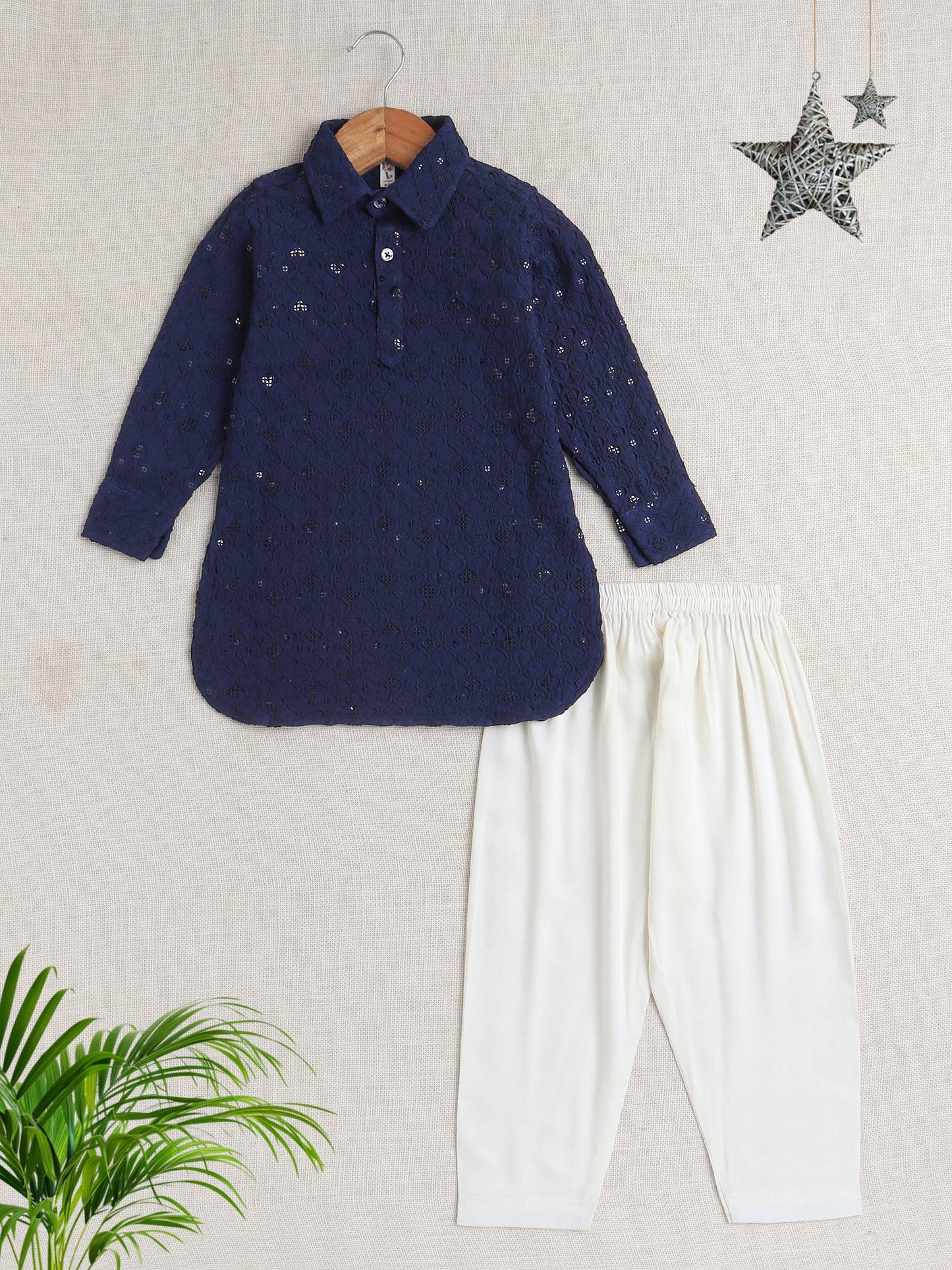 Rayon Full Sleeves Ethnic Embroidered Sequins Embellished Pathani Kurta & Pyjama Set - Navy Blue