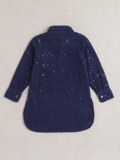Rayon Full Sleeves Ethnic Embroidered Sequins Embellished Pathani Kurta & Pyjama Set - Navy Blue