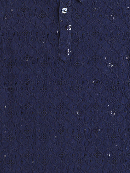 Rayon Full Sleeves Ethnic Embroidered Sequins Embellished Pathani Kurta & Pyjama Set - Navy Blue
