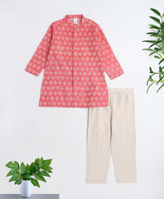 The Magic Wand Woven Full Sleeves AII Over Printed Kurta and Pyjama Set- Peach