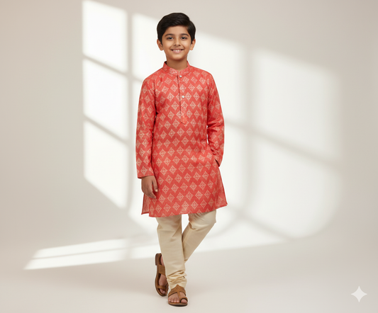 Woven Full Sleeves AII Over Printed Kurta and Pyjama Set- Peach