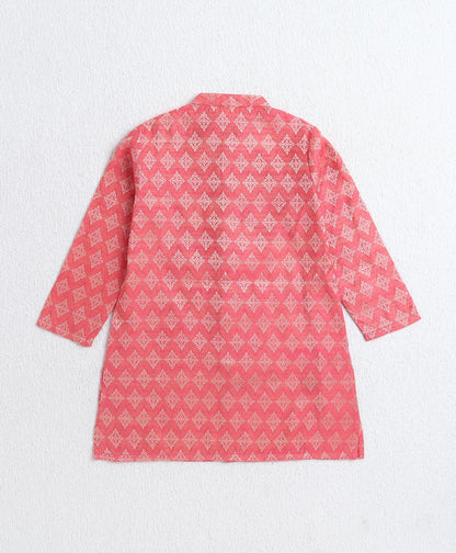 The Magic Wand Woven Full Sleeves AII Over Printed Kurta and Pyjama Set- Peach