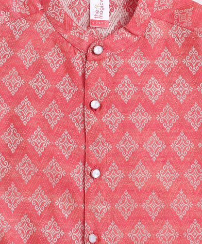The Magic Wand Woven Full Sleeves AII Over Printed Kurta and Pyjama Set- Peach