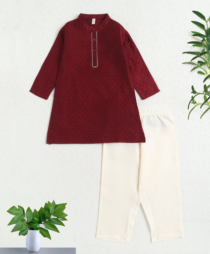 The Magic Wand Jacquard Full Sleeves Kurta And Pyjama Set - Maroon