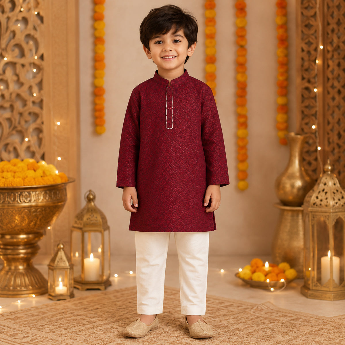 The Magic Wand Jacquard Full Sleeves Kurta And Pyjama Set - Maroon