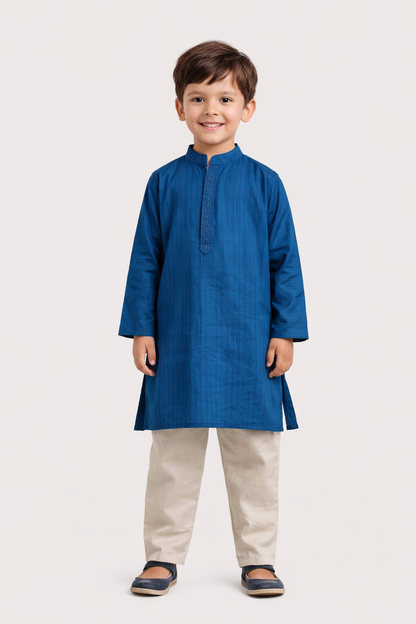 The Magic Wand Woven Full Sleeves Pintuck Embroidered Placket Kurta And Pyjama Set - Royal Blue