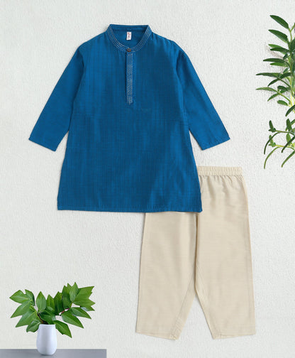 The Magic Wand Woven Full Sleeves Pintuck Embroidered Placket Kurta And Pyjama Set - Royal Blue