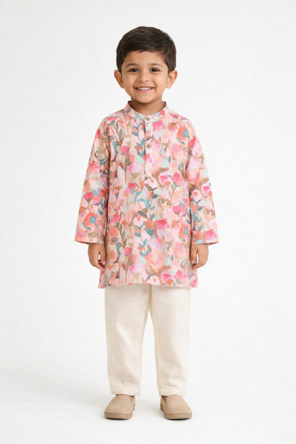 The Magic Wand Woven Full Sleeves Floral Digital Printed Kurta And Pyjama Set - Multi Colour