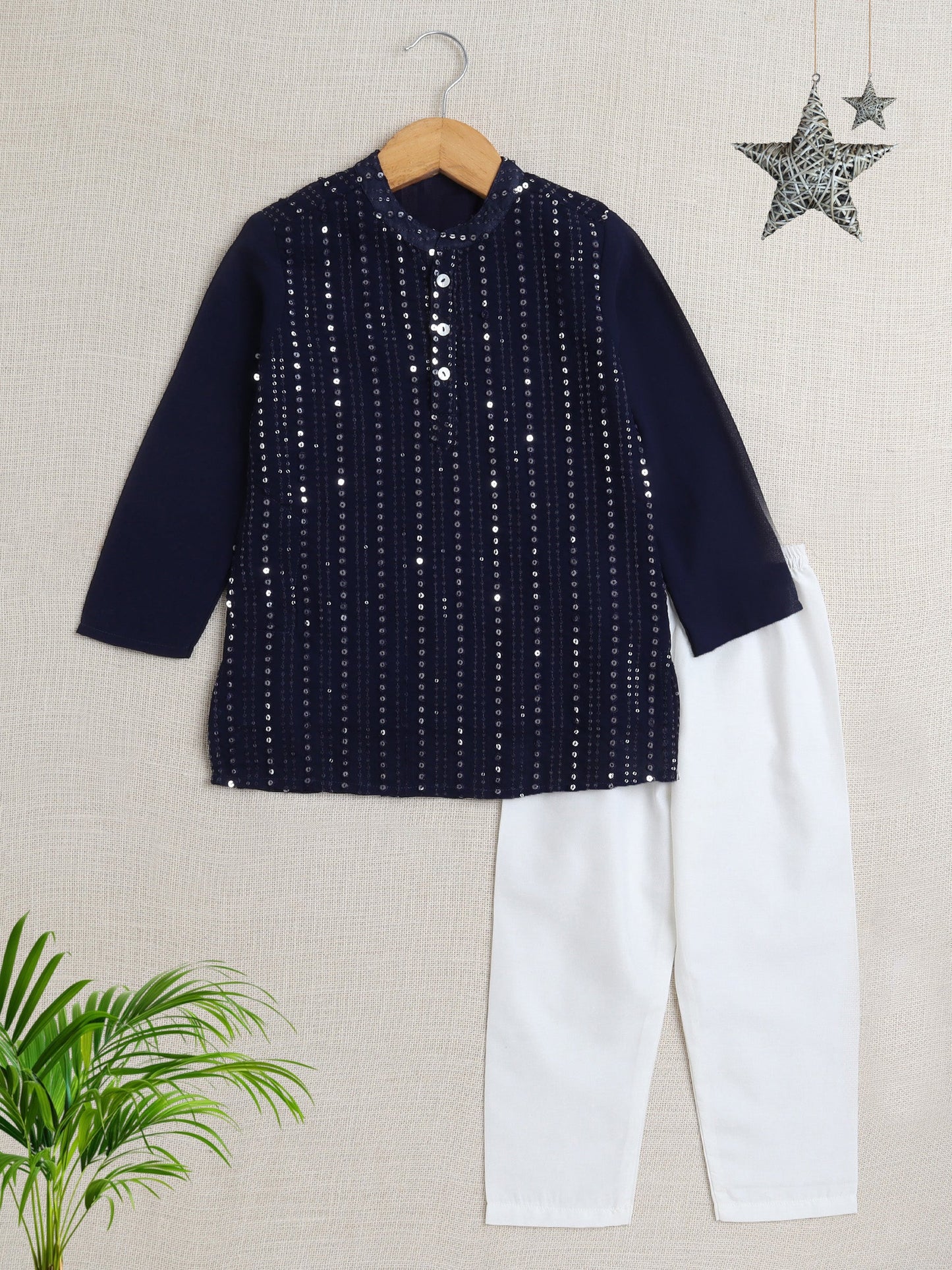 The Magic Wand Full Sleeves Sequins Embellished Kurta Pyjama Set- Navy Blue