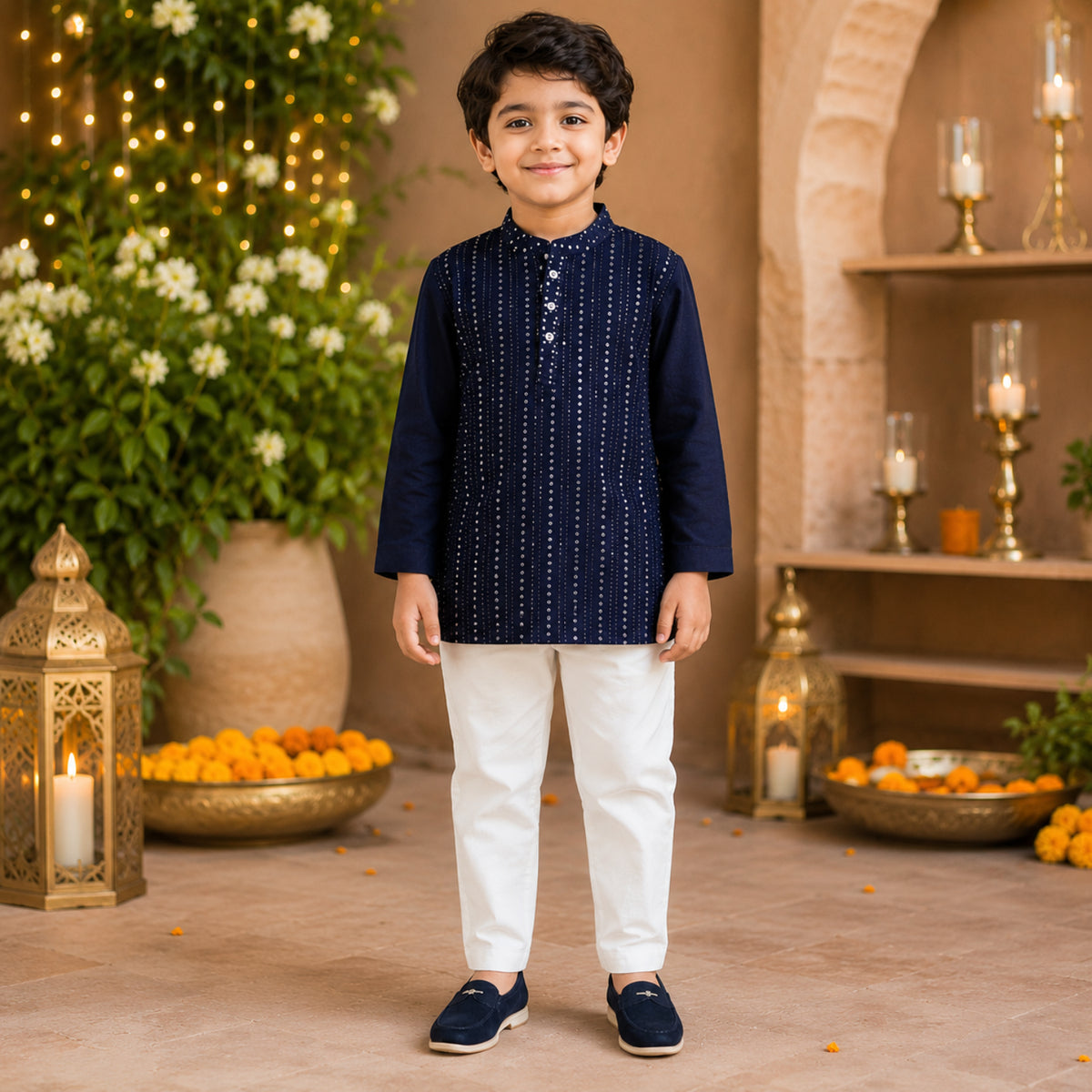 The Magic Wand Full Sleeves Sequins Embellished Kurta And Pyjama Set- Navy Blue