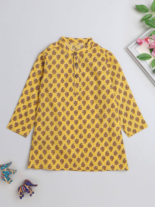The Magic Wand Floral Printed Full Sleeves Floral Printed Kurta For Boys-Yellow