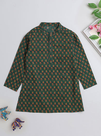 Floral Printed Full Sleeves Floral Printed Kurta For Boys-Green