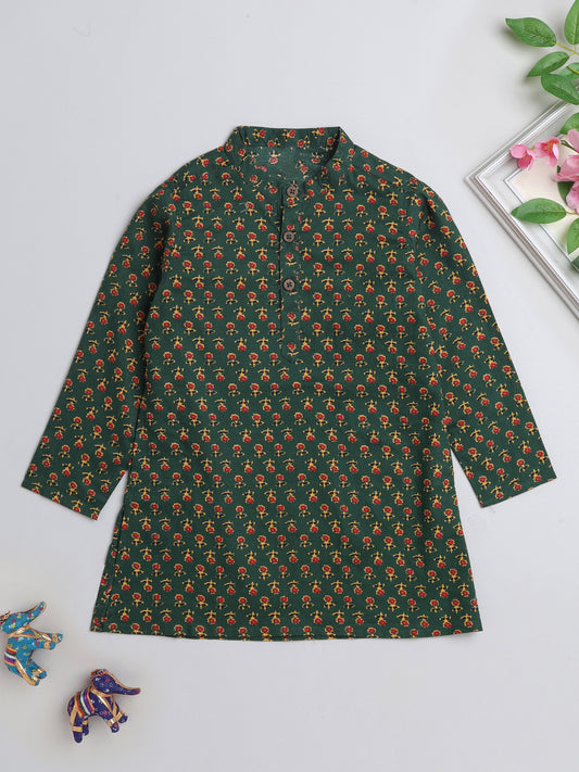Floral Printed Full Sleeves Floral Printed Kurta For Boys-Green