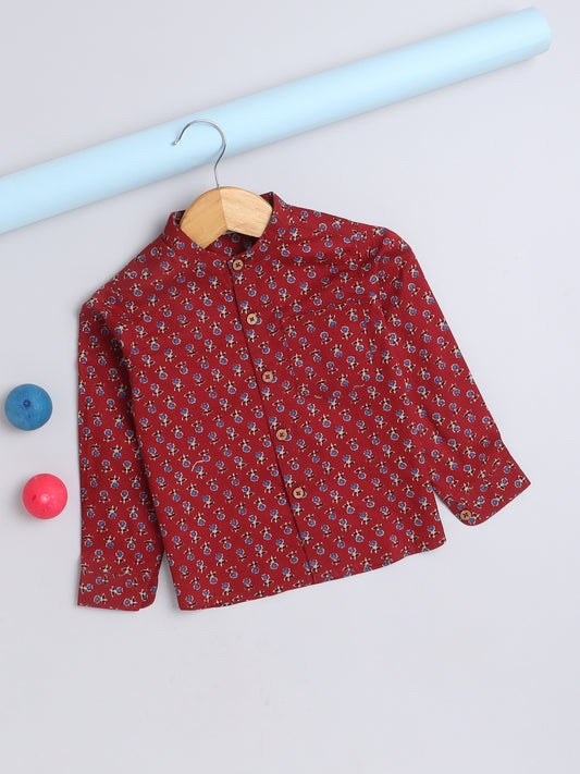 Full Sleeves Cotton Jaipuri Floral Motif Printed Chinese Collared Shirt-Maroon