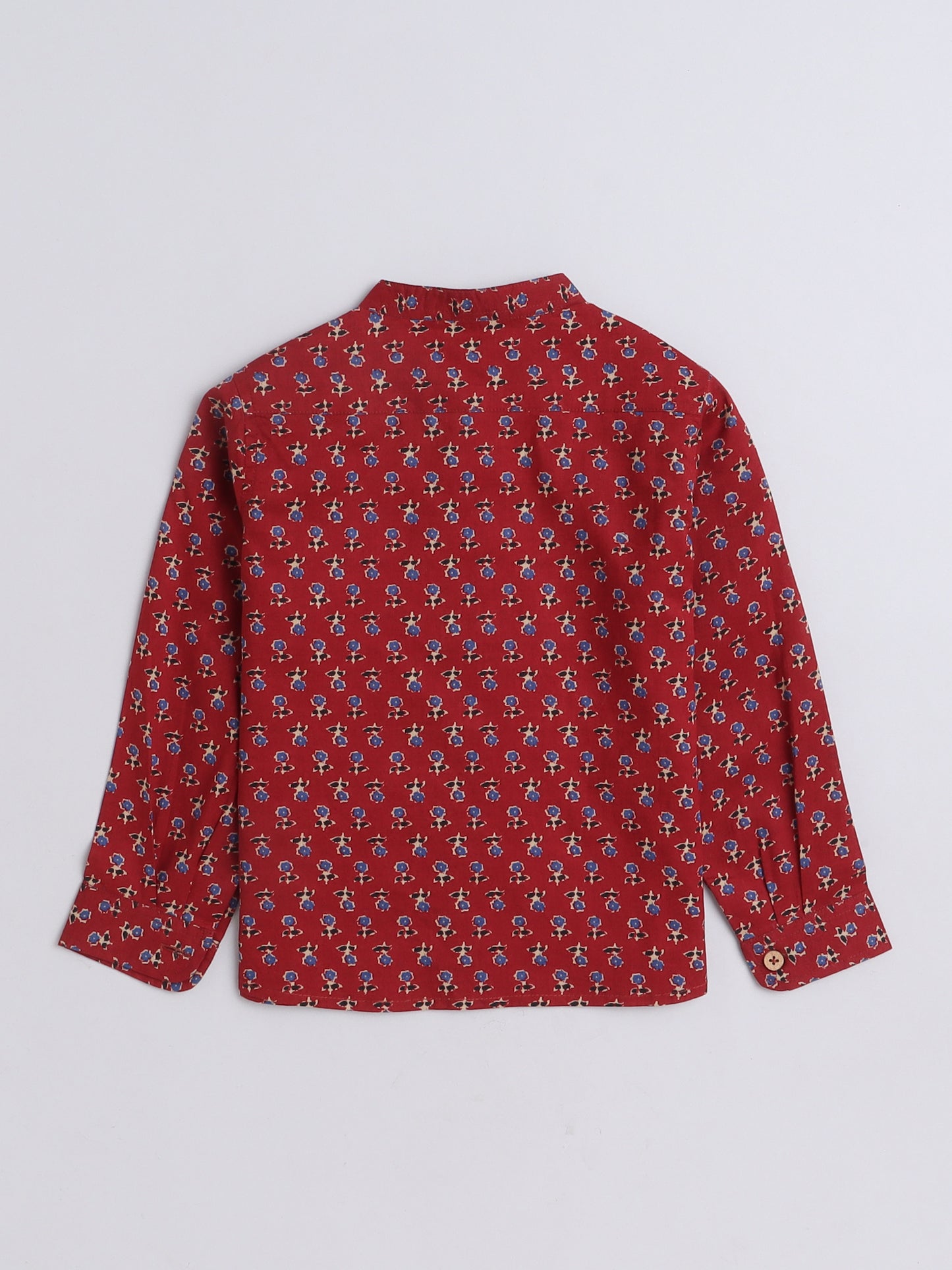 Full Sleeves Cotton Jaipuri Floral Motif Printed Chinese Collared Shirt-Maroon