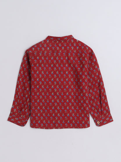 Full Sleeves Cotton Jaipuri Floral Motif Printed Chinese Collared Shirt-Maroon