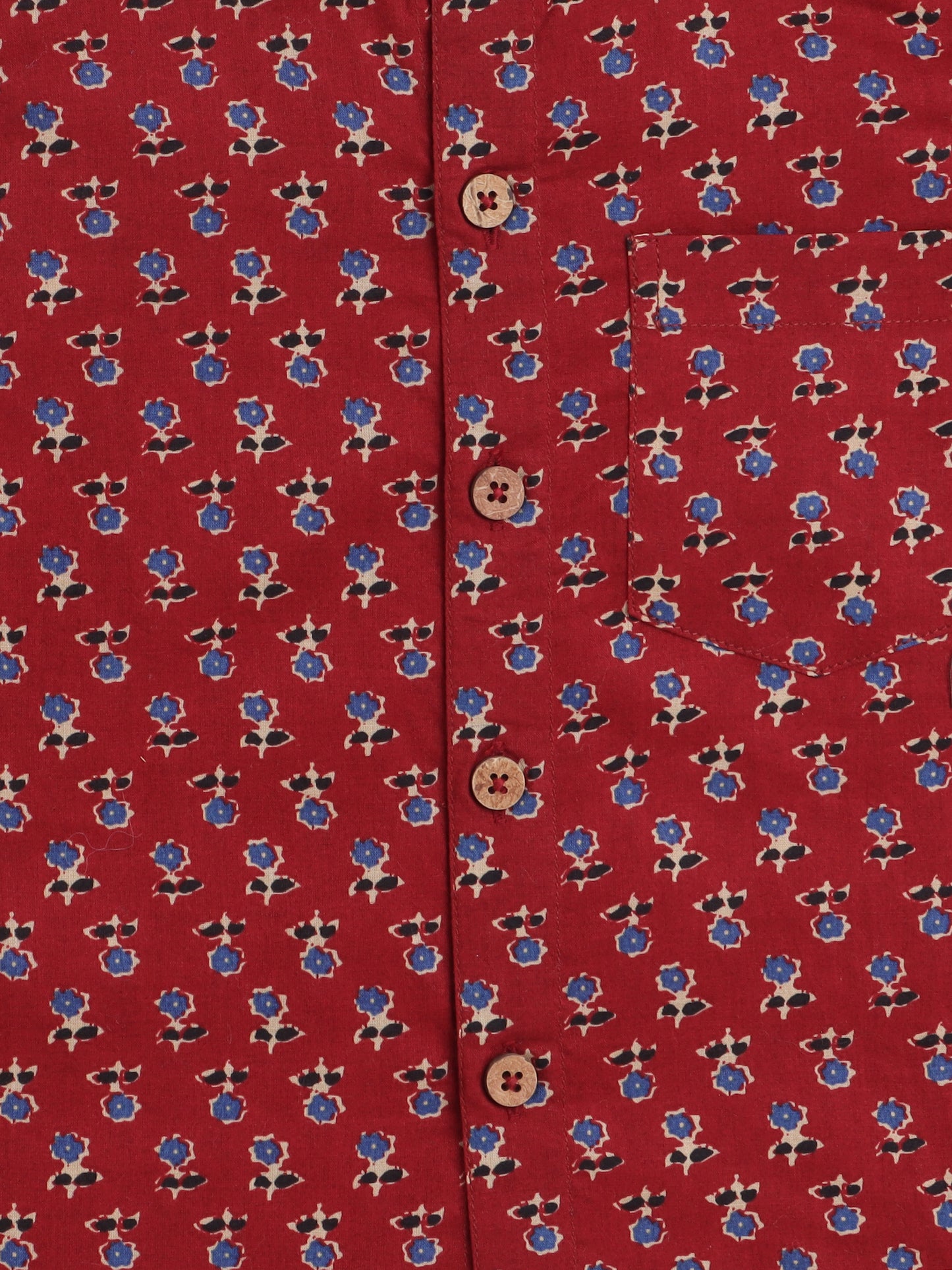 Full Sleeves Cotton Jaipuri Floral Motif Printed Chinese Collared Shirt-Maroon