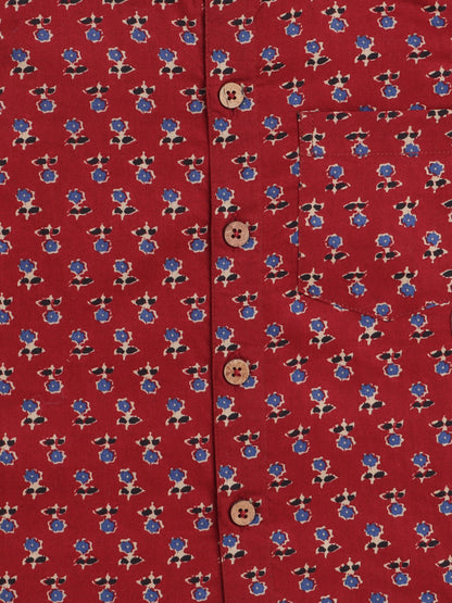 Full Sleeves Cotton Jaipuri Floral Motif Printed Chinese Collared Shirt-Maroon