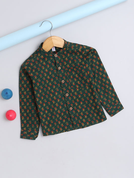 Full Sleeves Cotton Jaipuri Floral Motif Printed Chinese Collared Shirt-Green