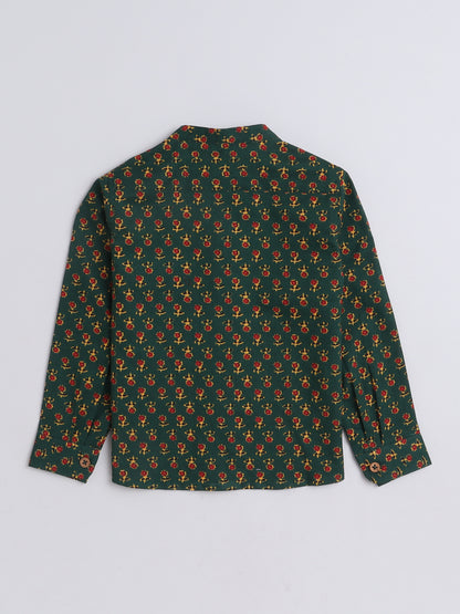 Full Sleeves Cotton Jaipuri Floral Motif Printed Chinese Collared Shirt-Green