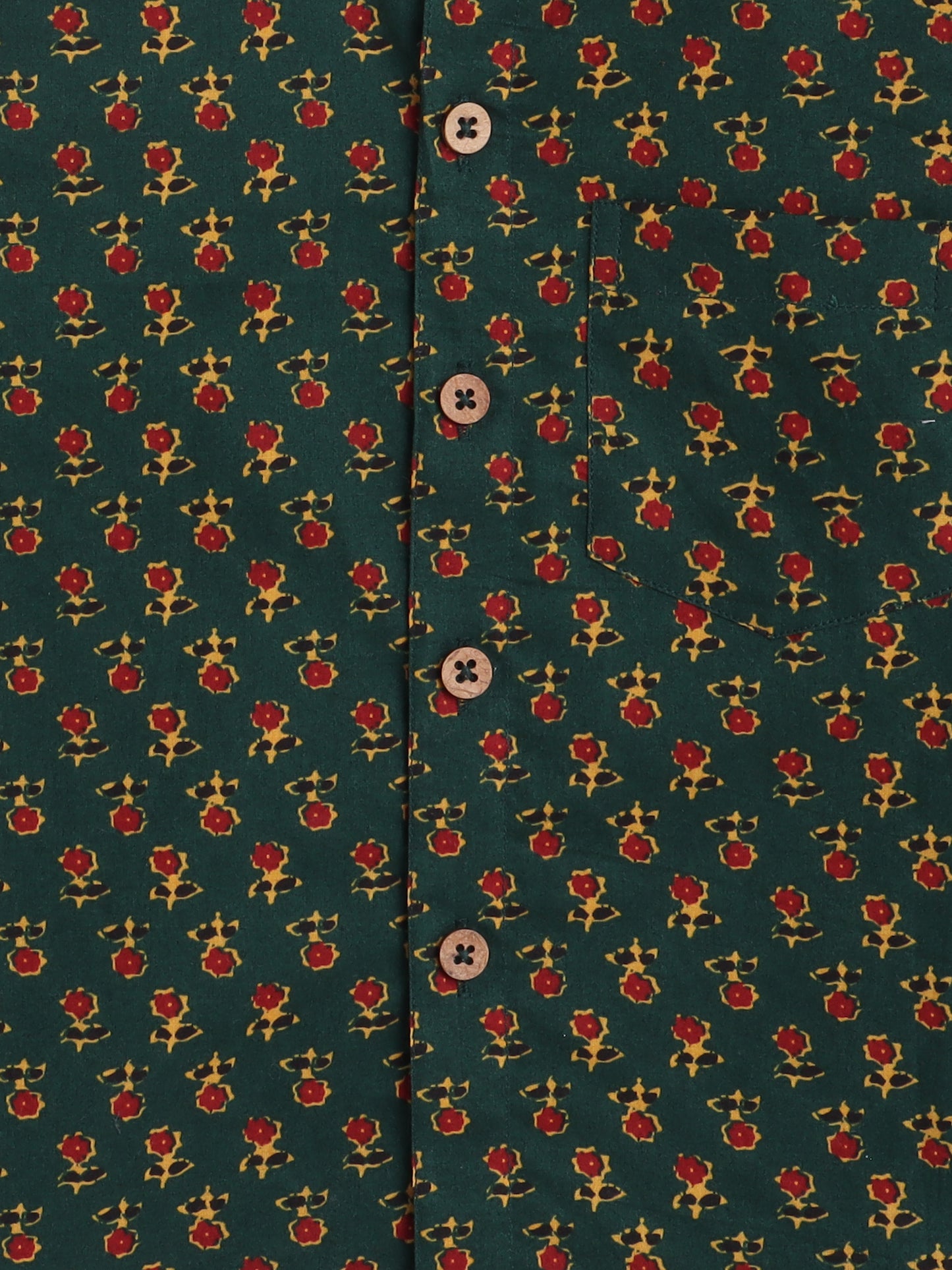 Full Sleeves Cotton Jaipuri Floral Motif Printed Chinese Collared Shirt-Green