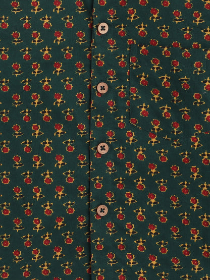 Full Sleeves Cotton Jaipuri Floral Motif Printed Chinese Collared Shirt-Green
