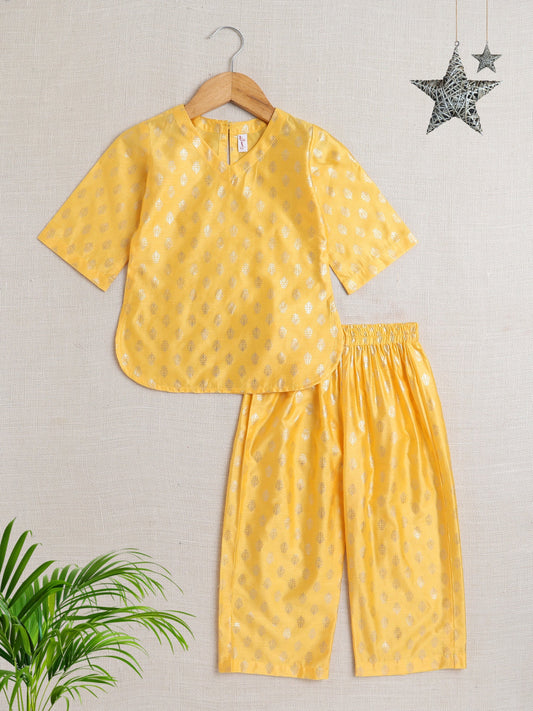 Jacquard Three Fourth Sleeves Floral Foil Printed Kurta & Coordinating Salwar Set - Yellow
