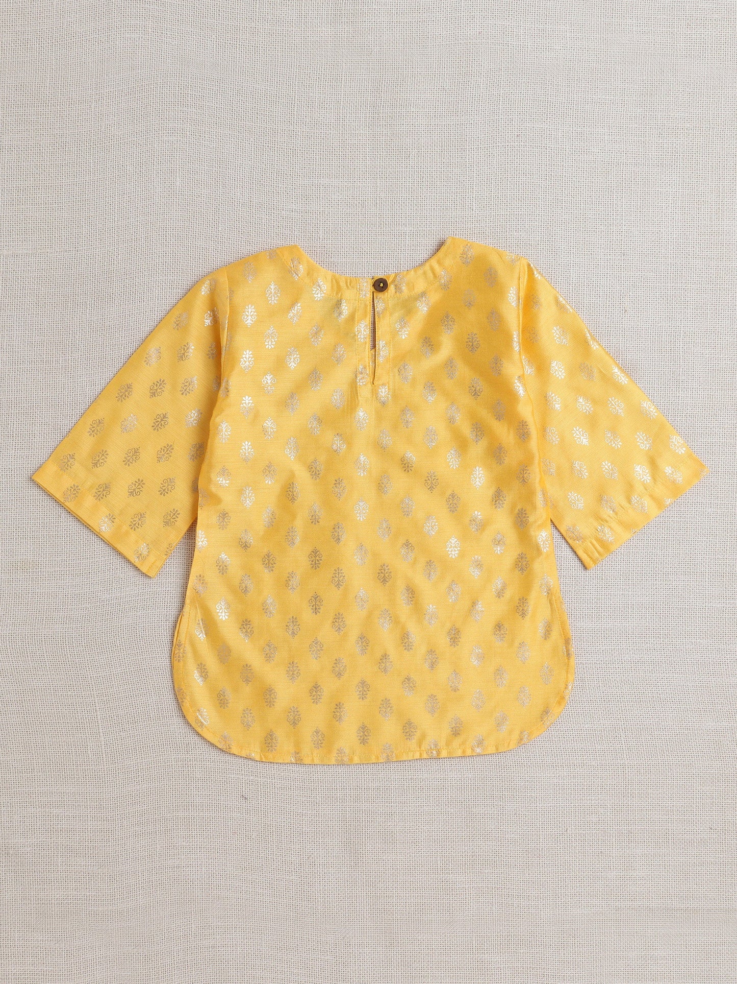 Jacquard Three Fourth Sleeves Floral Foil Printed Kurta & Coordinating Salwar Set - Yellow