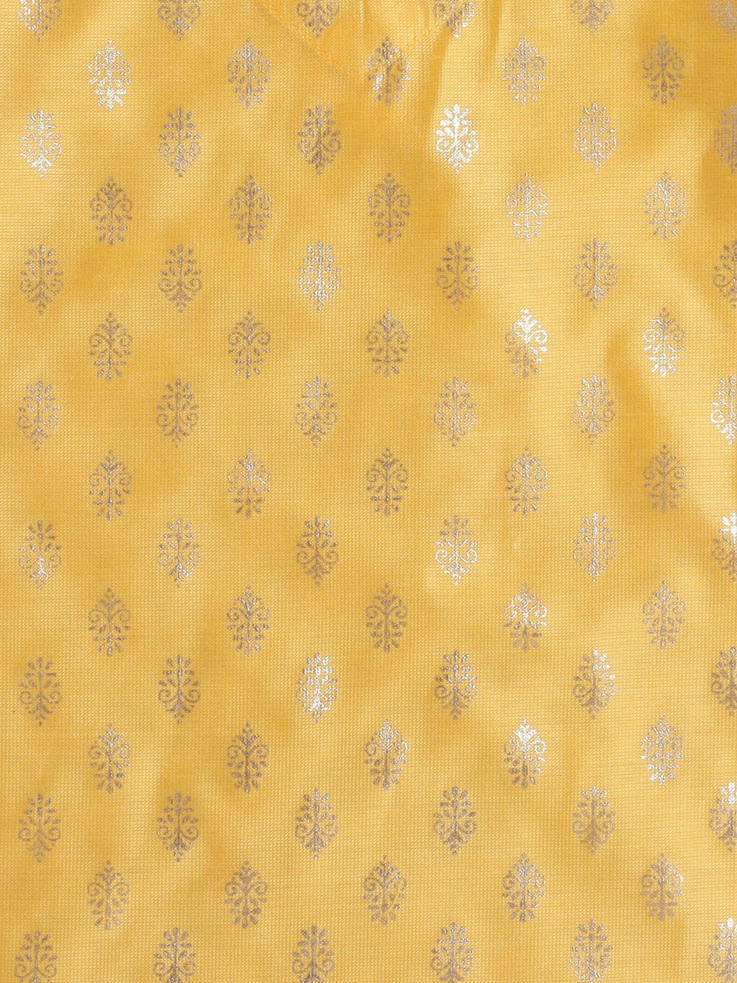 Jacquard Three Fourth Sleeves Floral Foil Printed Kurta & Coordinating Salwar Set - Yellow