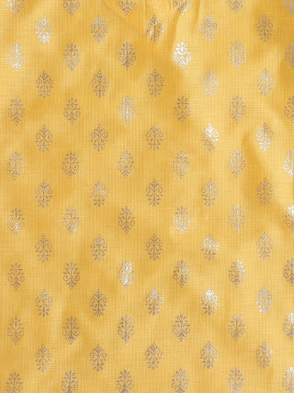 Jacquard Three Fourth Sleeves Floral Foil Printed Kurta & Coordinating Salwar Set - Yellow