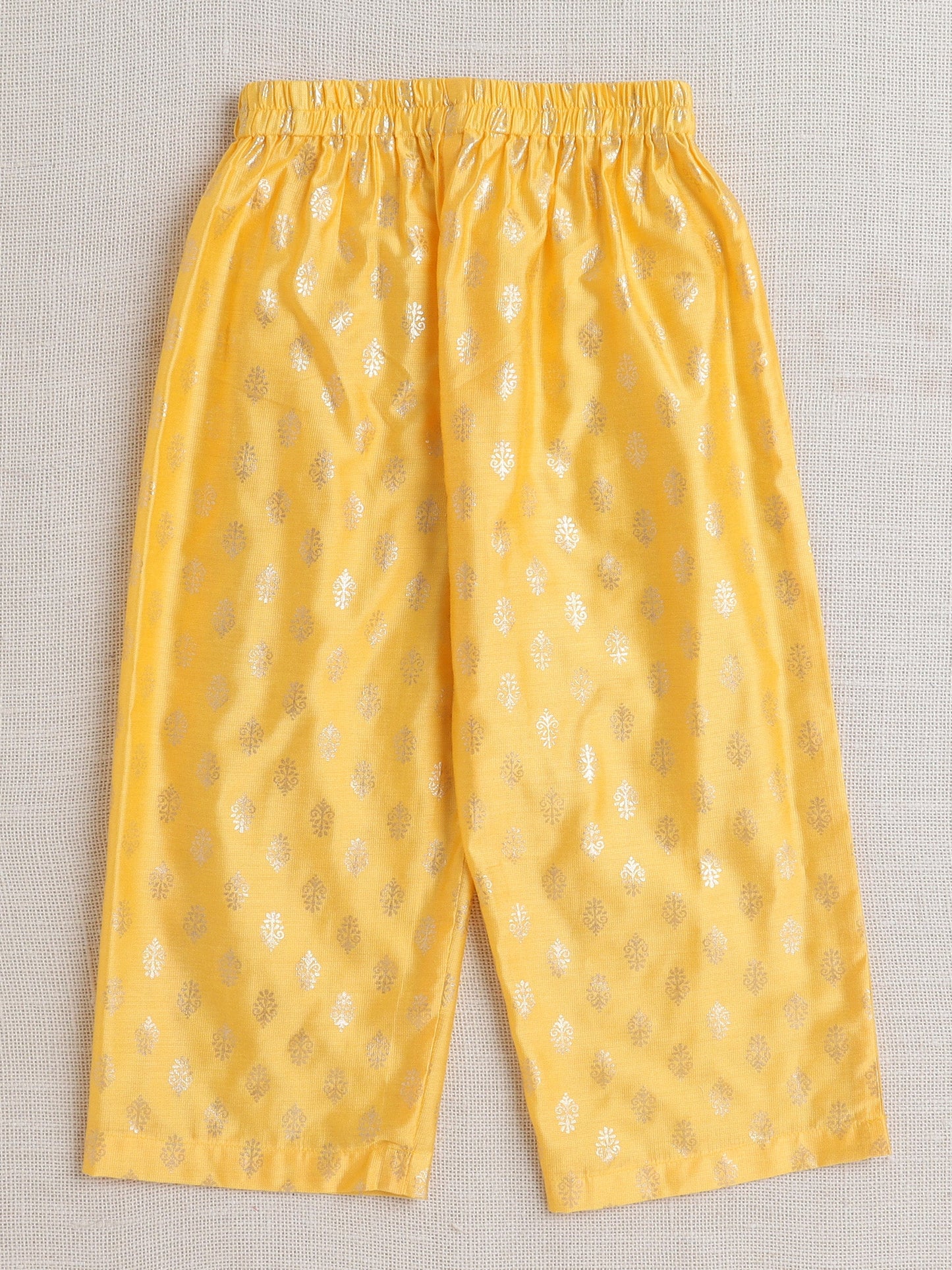 Jacquard Three Fourth Sleeves Floral Foil Printed Kurta & Coordinating Salwar Set - Yellow