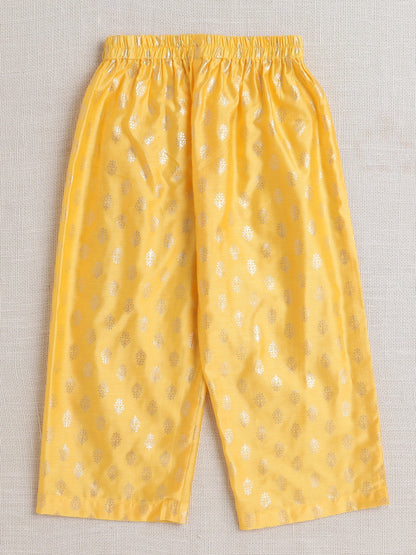 Jacquard Three Fourth Sleeves Floral Foil Printed Kurta & Coordinating Salwar Set - Yellow