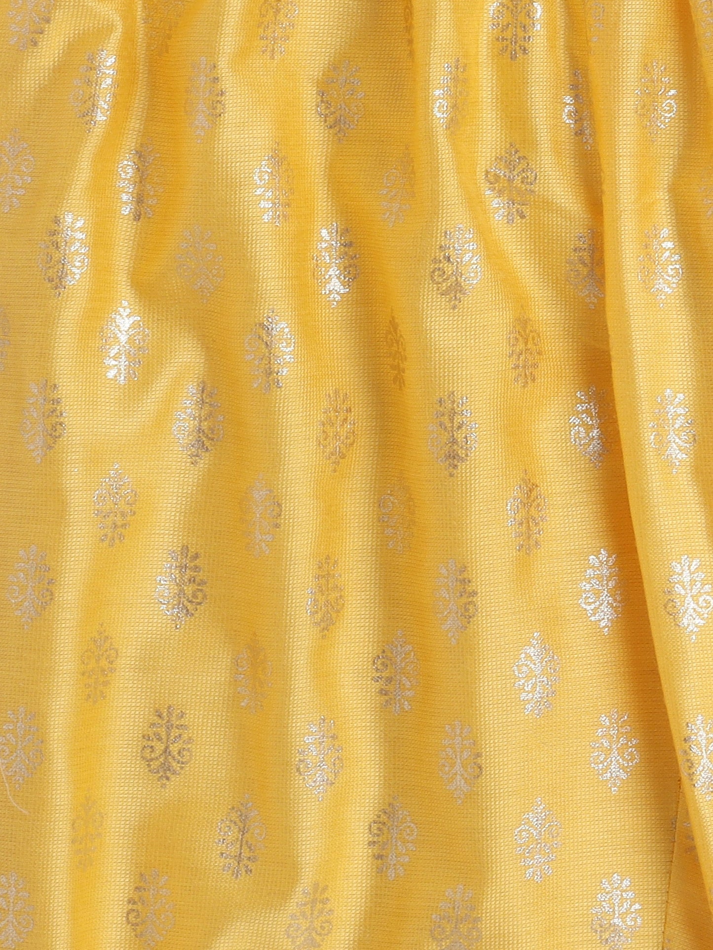 Jacquard Three Fourth Sleeves Floral Foil Printed Kurta & Coordinating Salwar Set - Yellow