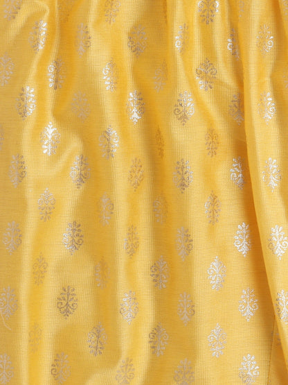 Jacquard Three Fourth Sleeves Floral Foil Printed Kurta & Coordinating Salwar Set - Yellow