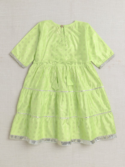 Short Sleeves Foil Print Ethnic Dress- Green