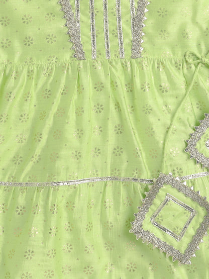 Short Sleeves Foil Print Ethnic Dress- Green