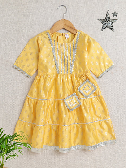 Short Sleeves Foil Print Ethnic Dress- Yellow