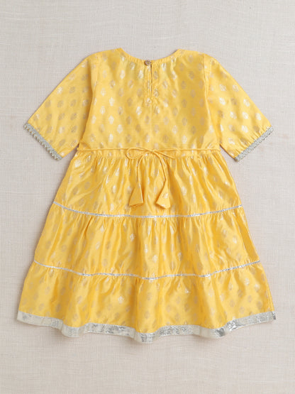 Short Sleeves Foil Print Ethnic Dress- Yellow