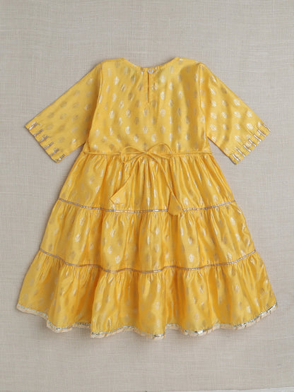 Half Sleeves Lace Embellished Floral Motif Foil Printed Coordinating Kurta & Salwar Set - Yellow