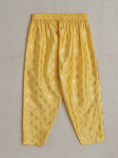 Half Sleeves Lace Embellished Floral Motif Foil Printed Coordinating Kurta & Salwar Set - Yellow